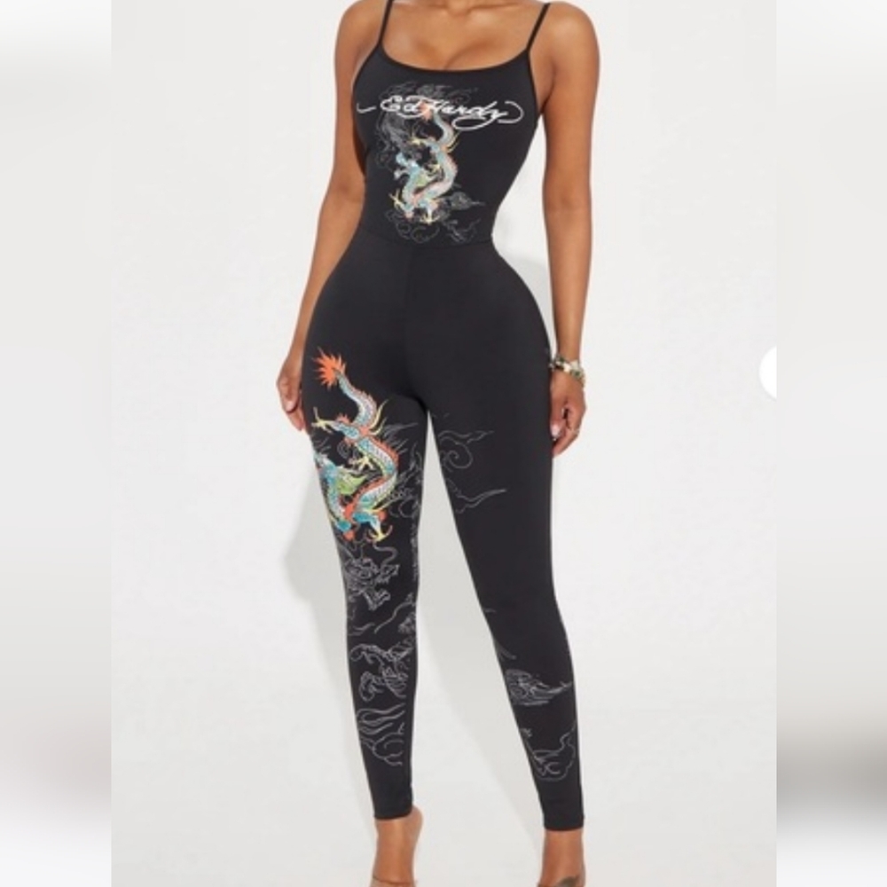 Ed Hardy Tattoo Dragon Black Sleeveless Jumpsuit Womens Size 2X BodyCon